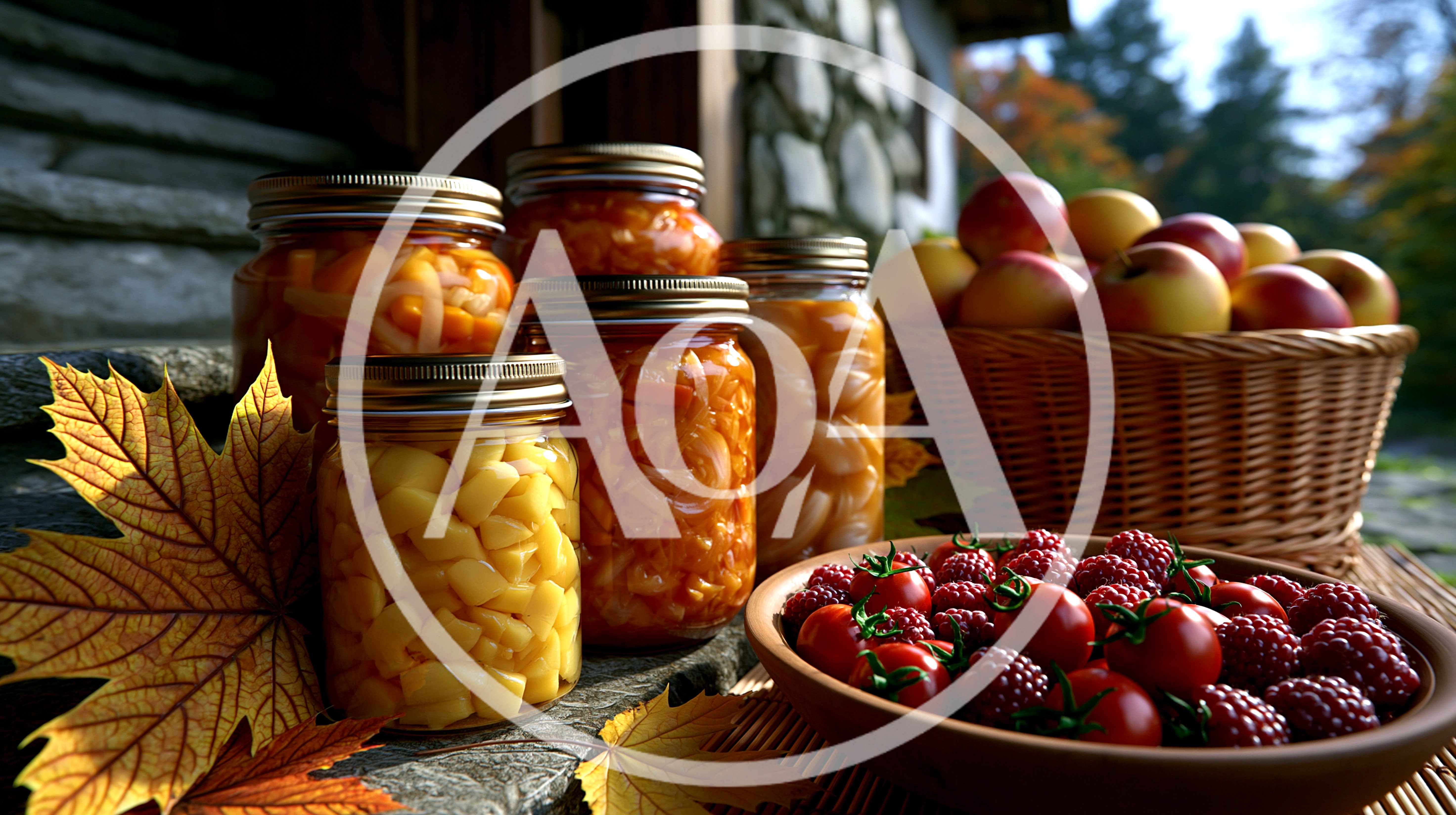 Assorted Preserved Jars And Fresh Autumn Harvest Produce