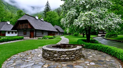 Traditional Wooden Houses Near A Stone Well