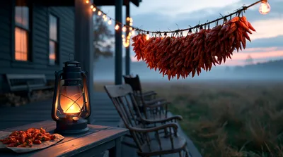 Rustic Porch With Hanging Chili Peppers And Lantern