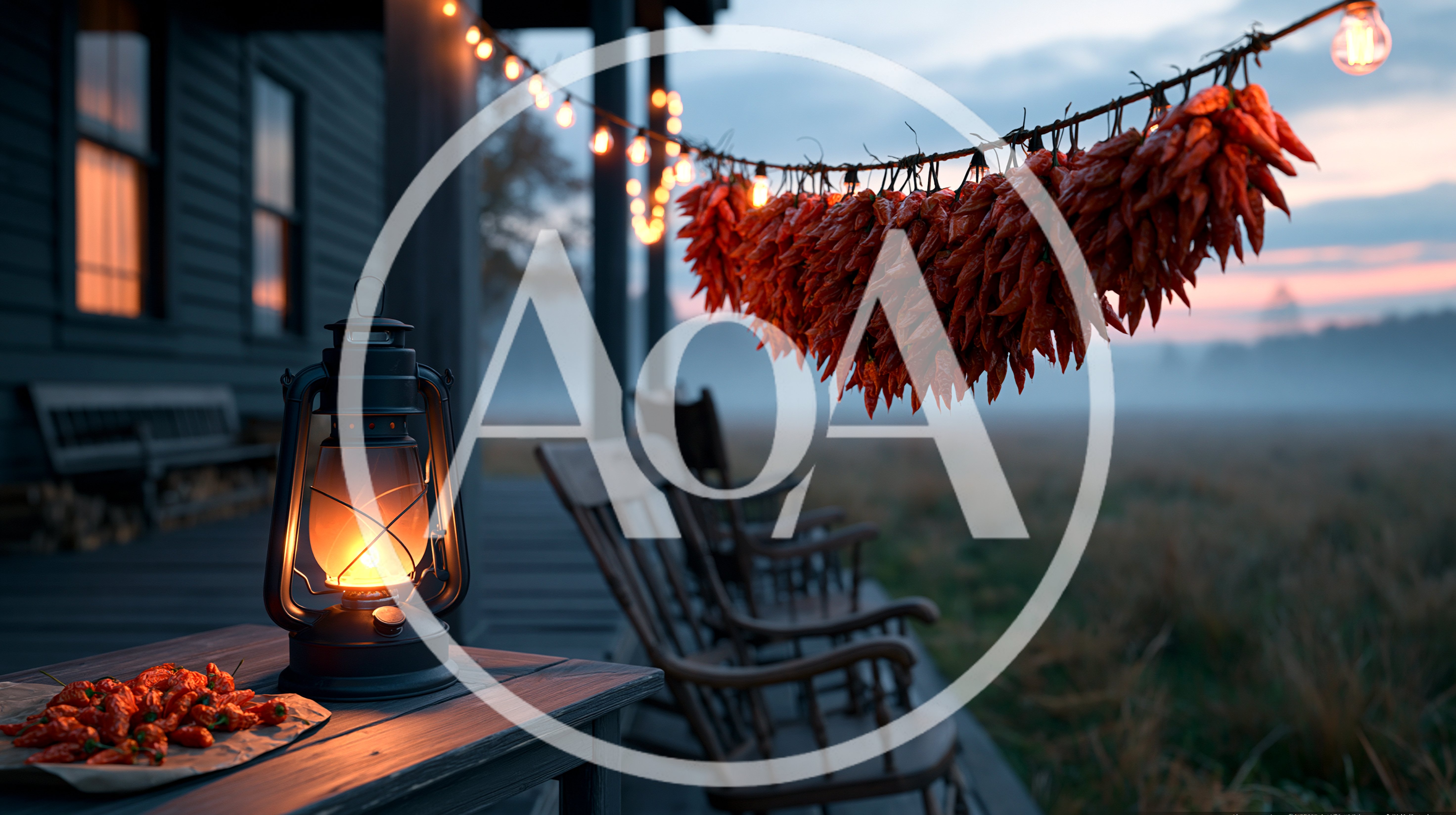 Rustic Porch With Hanging Chili Peppers And Lantern