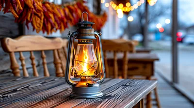 Vintage Oil Lantern Glowing On A Rustic Wooden Table