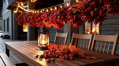 Rustic Outdoor Table Decorated With Chili Peppers And Lantern
