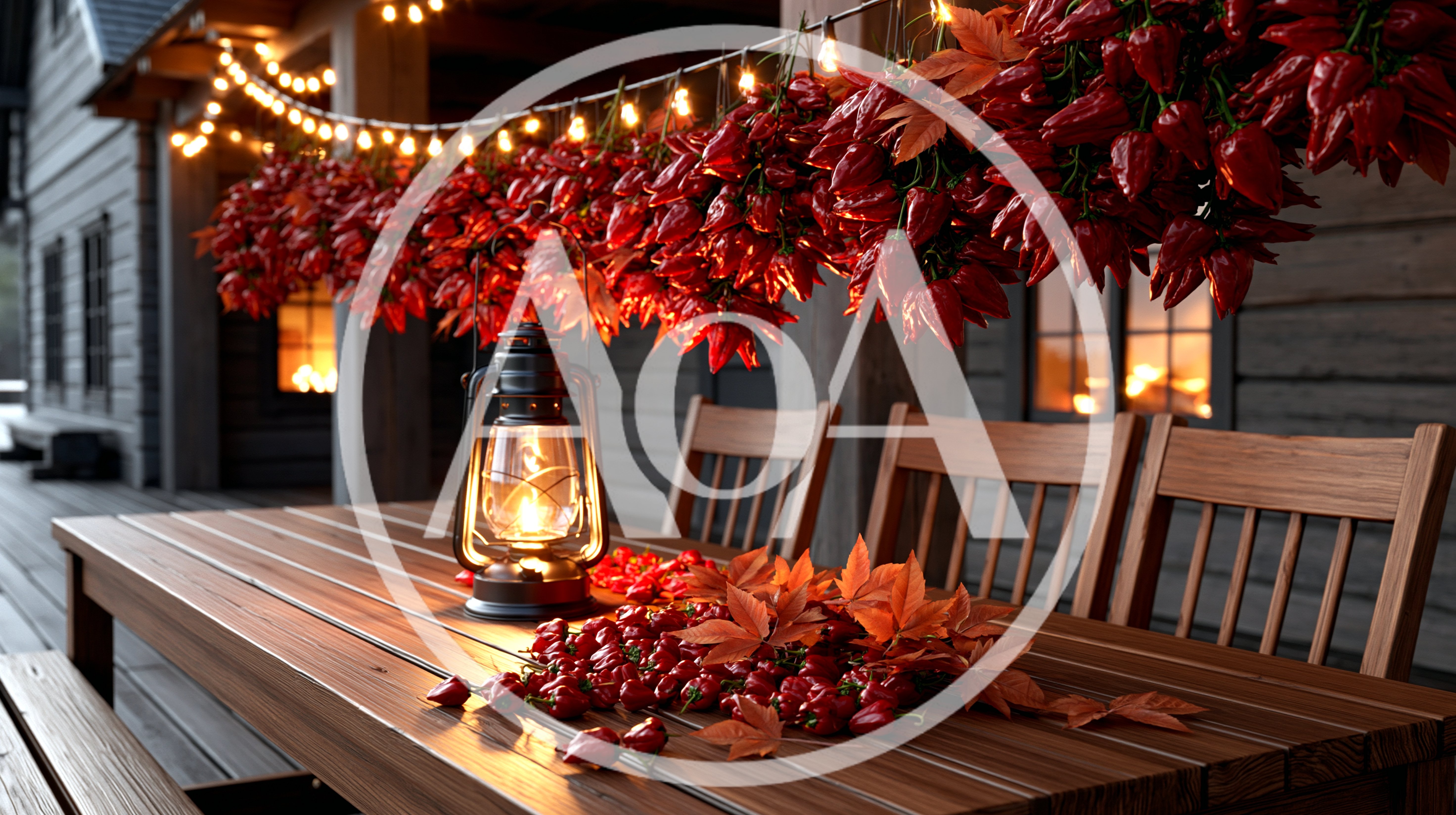 Rustic Outdoor Table Decorated With Chili Peppers And Lantern
