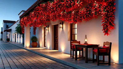 Chili Pepper Ristras Hanging On A Mediterranean Style Building