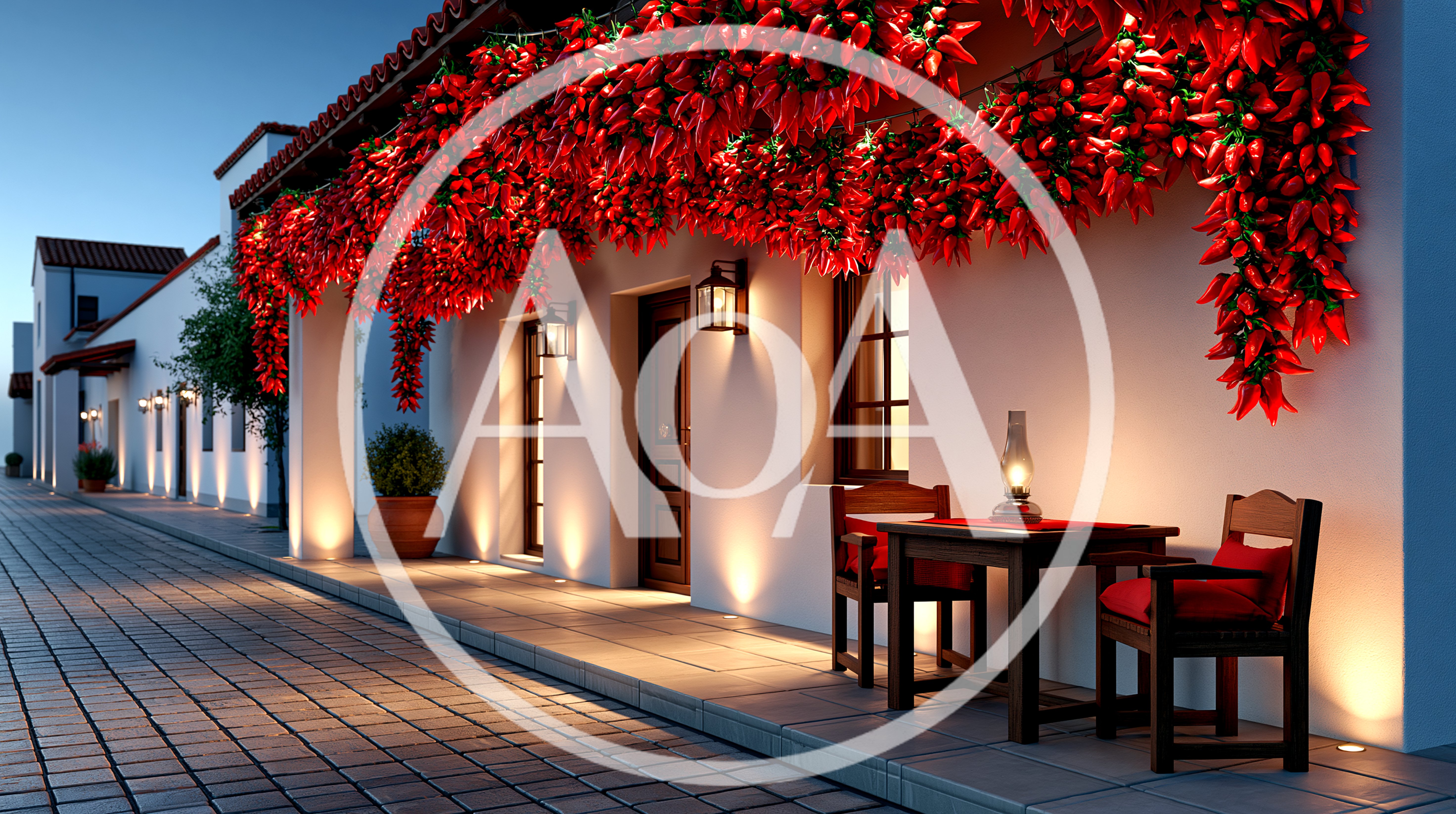 Chili Pepper Ristras Hanging On A Mediterranean Style Building
