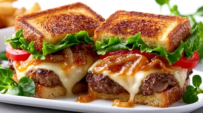 Two Gourmet Patty Melts On A White Plate