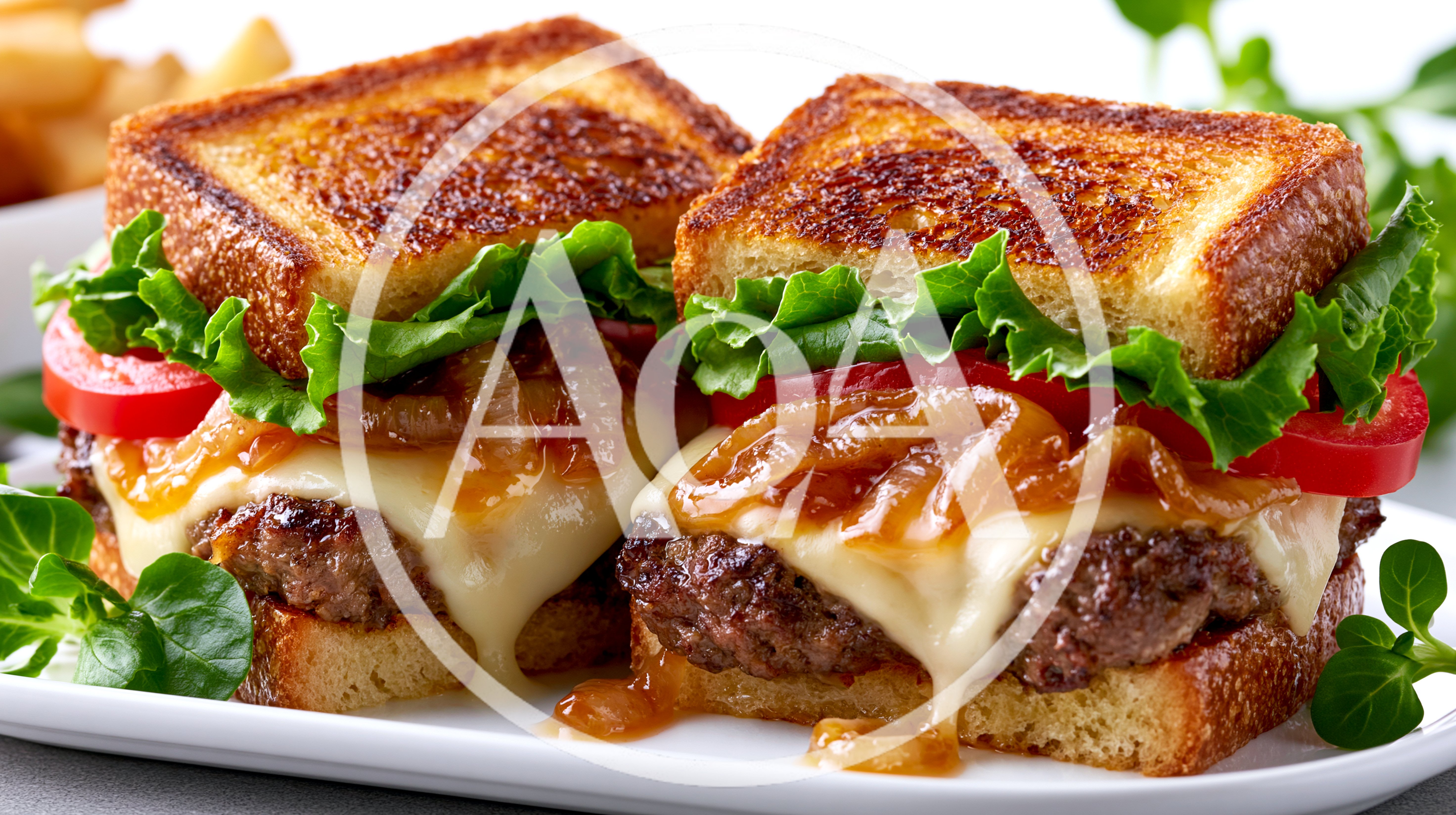 Two Gourmet Patty Melts On A White Plate