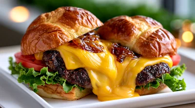 Gourmet Cheeseburger With Melted Cheese And Caramelized Onions