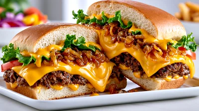 Two Gourmet Cheeseburgers On A White Plate