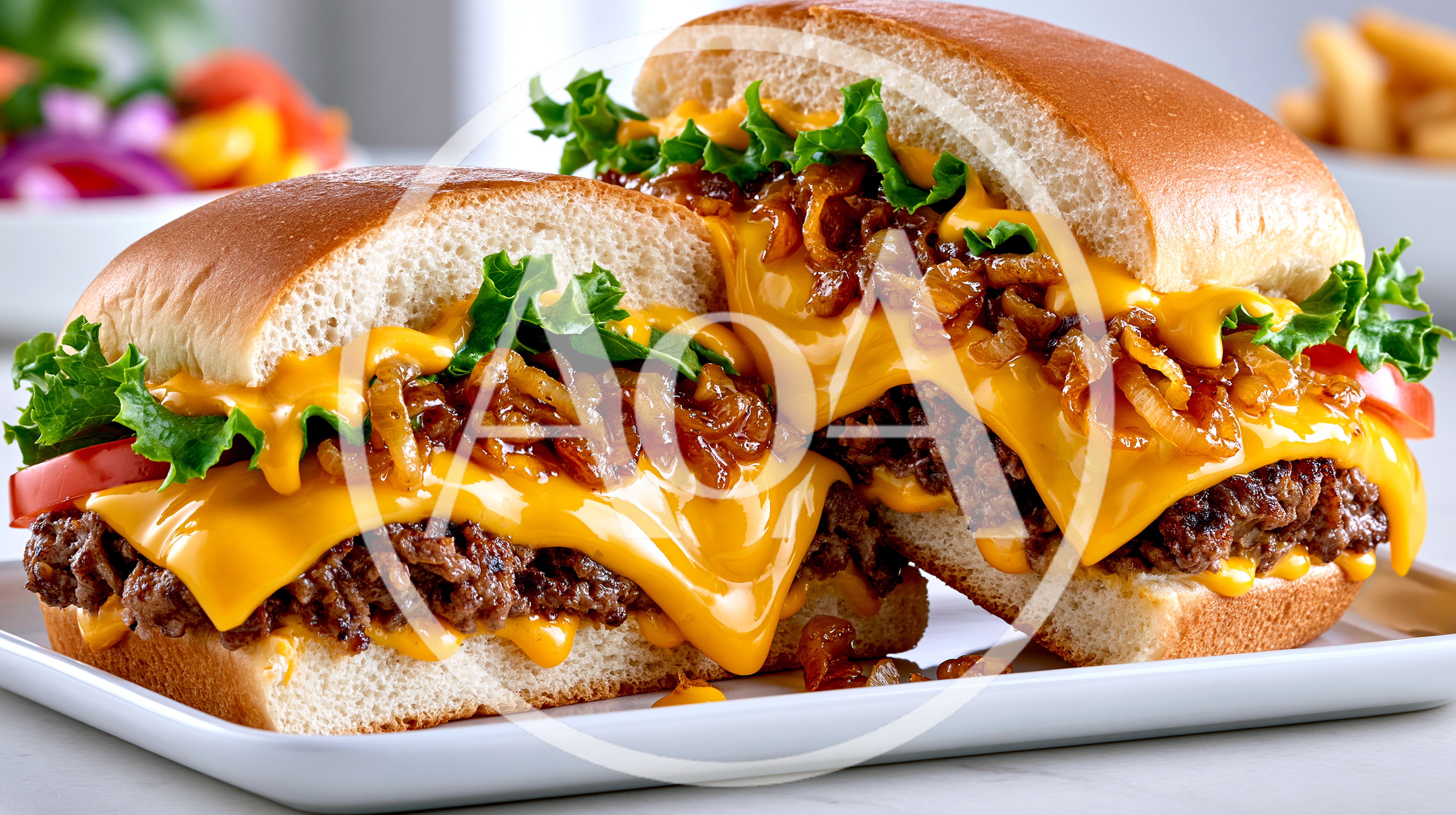 Two Gourmet Cheeseburgers On A White Plate