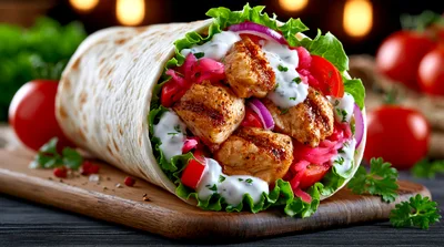 Grilled Chicken Wrap With Fresh Vegetables And Sauce