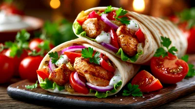 Two Grilled Chicken Wraps On A Wooden Board