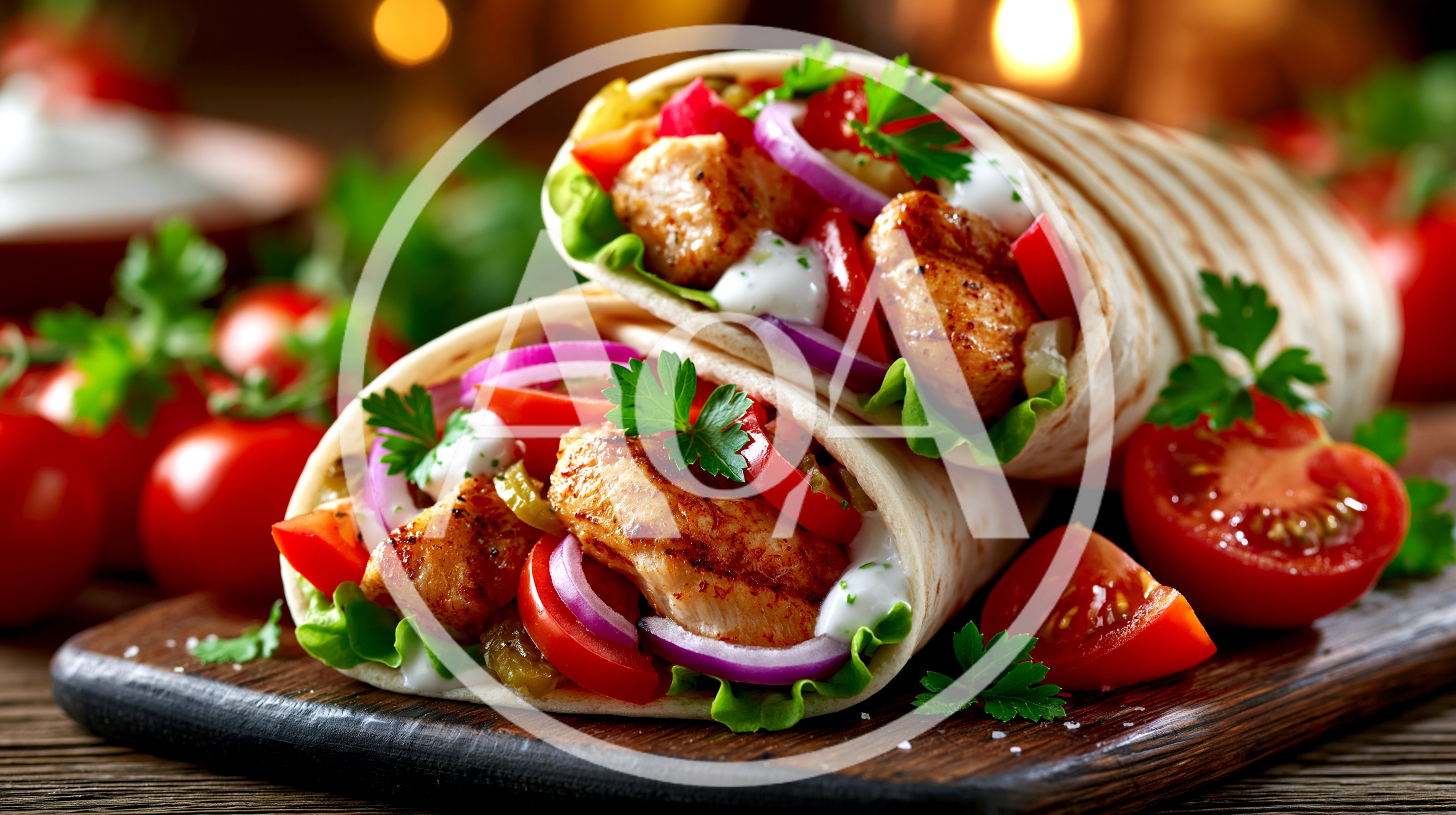 Two Grilled Chicken Wraps On A Wooden Board