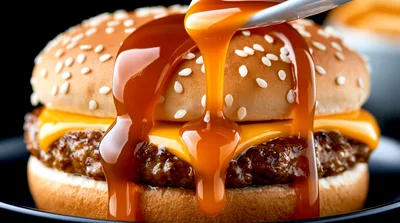 Caramel Sauce Drizzling Over A Cheeseburger