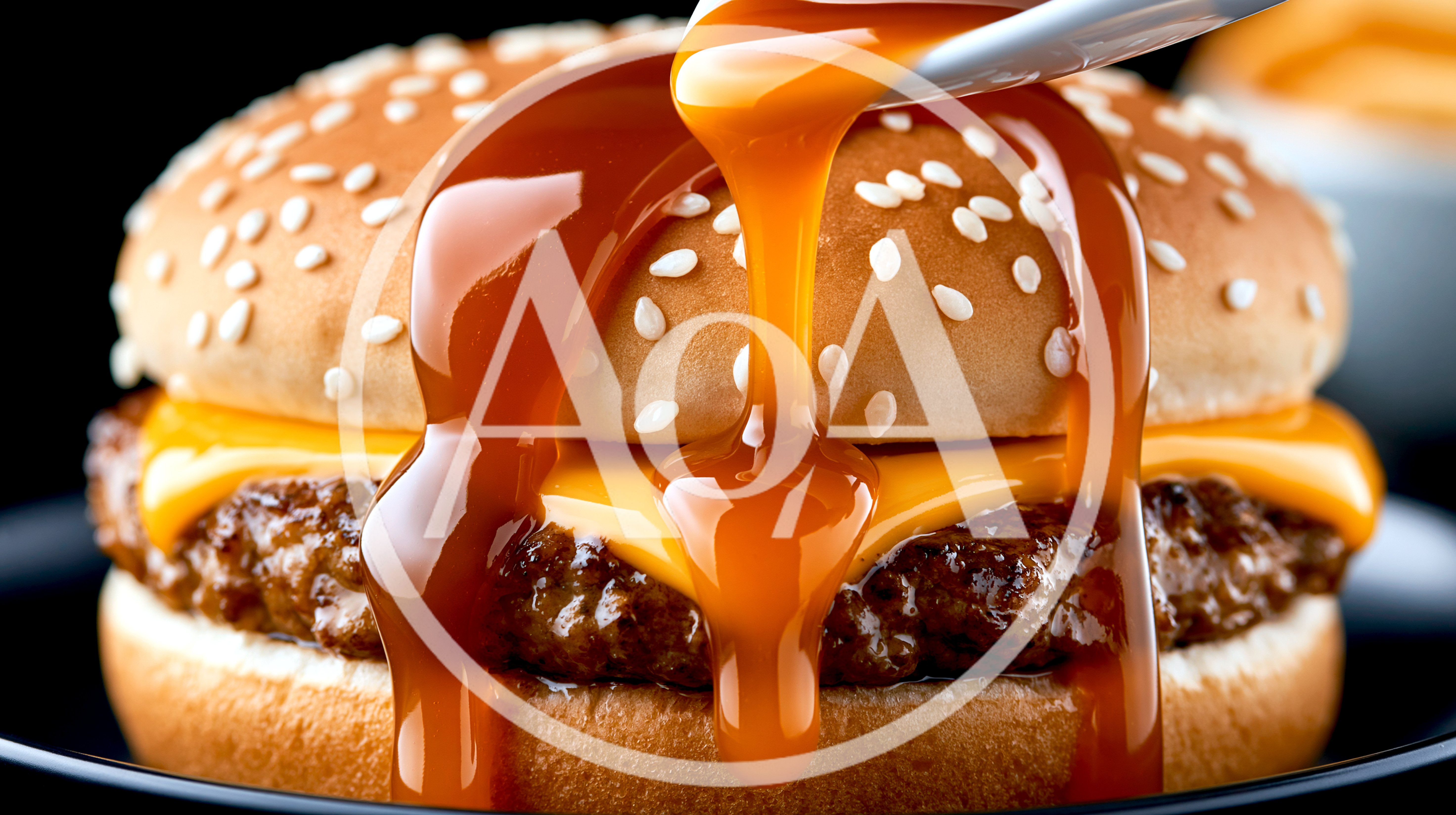 Caramel Sauce Drizzling Over A Cheeseburger