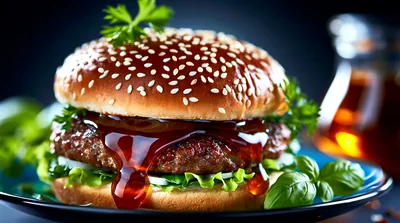Gourmet Beef Burger With Barbecue Sauce On Plate