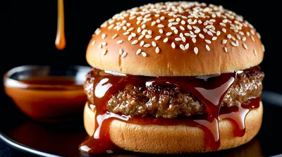 Juicy Beef Burger Drizzled With Thick Barbecue Sauce