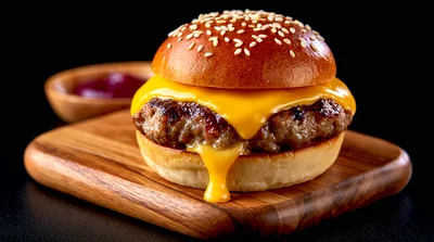 Cheeseburger With Melted Cheese On A Wooden Board