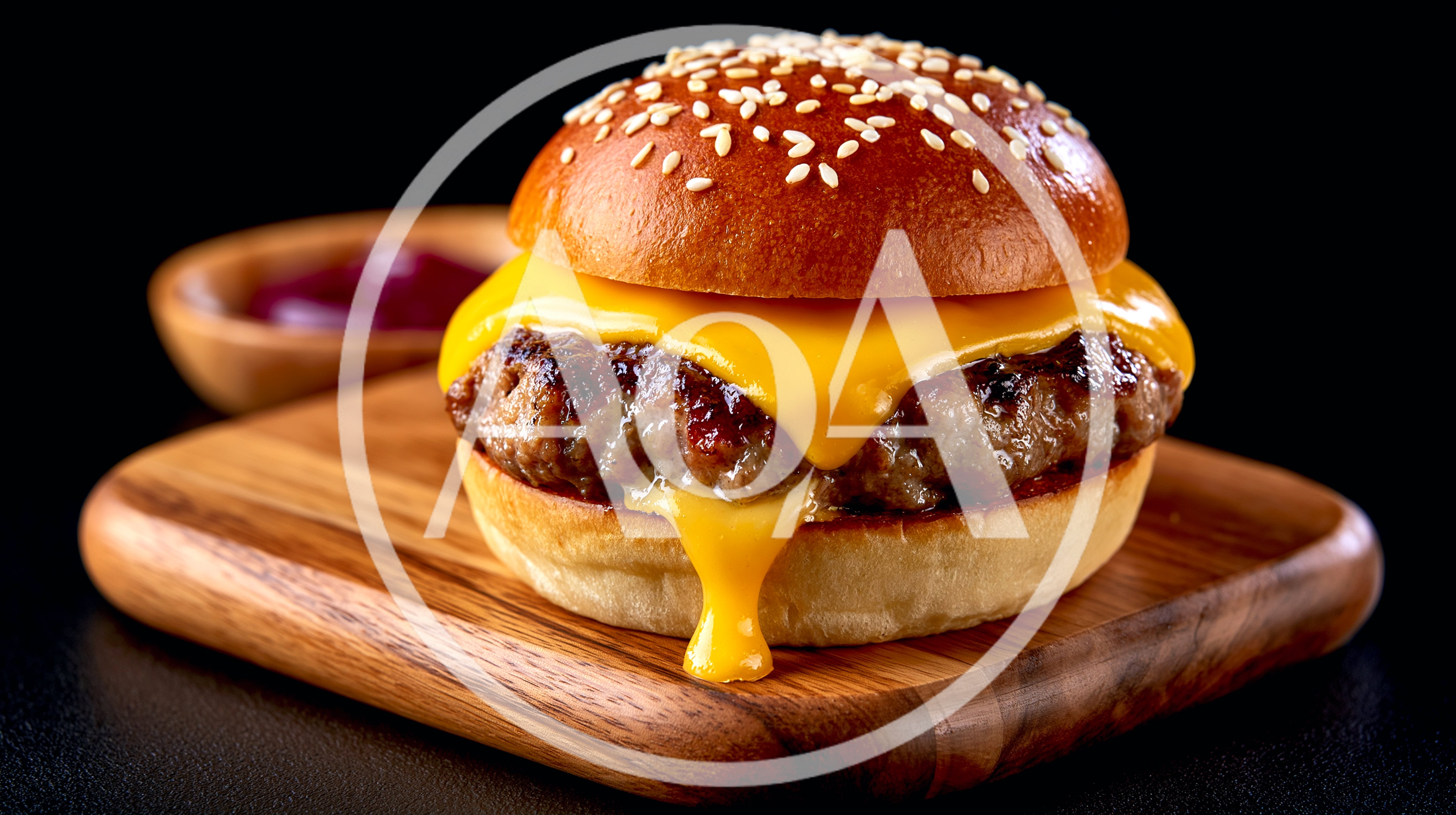 Cheeseburger With Melted Cheese On A Wooden Board