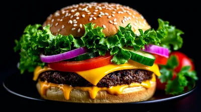 Gourmet Cheeseburger With Fresh Vegetables On Black Background