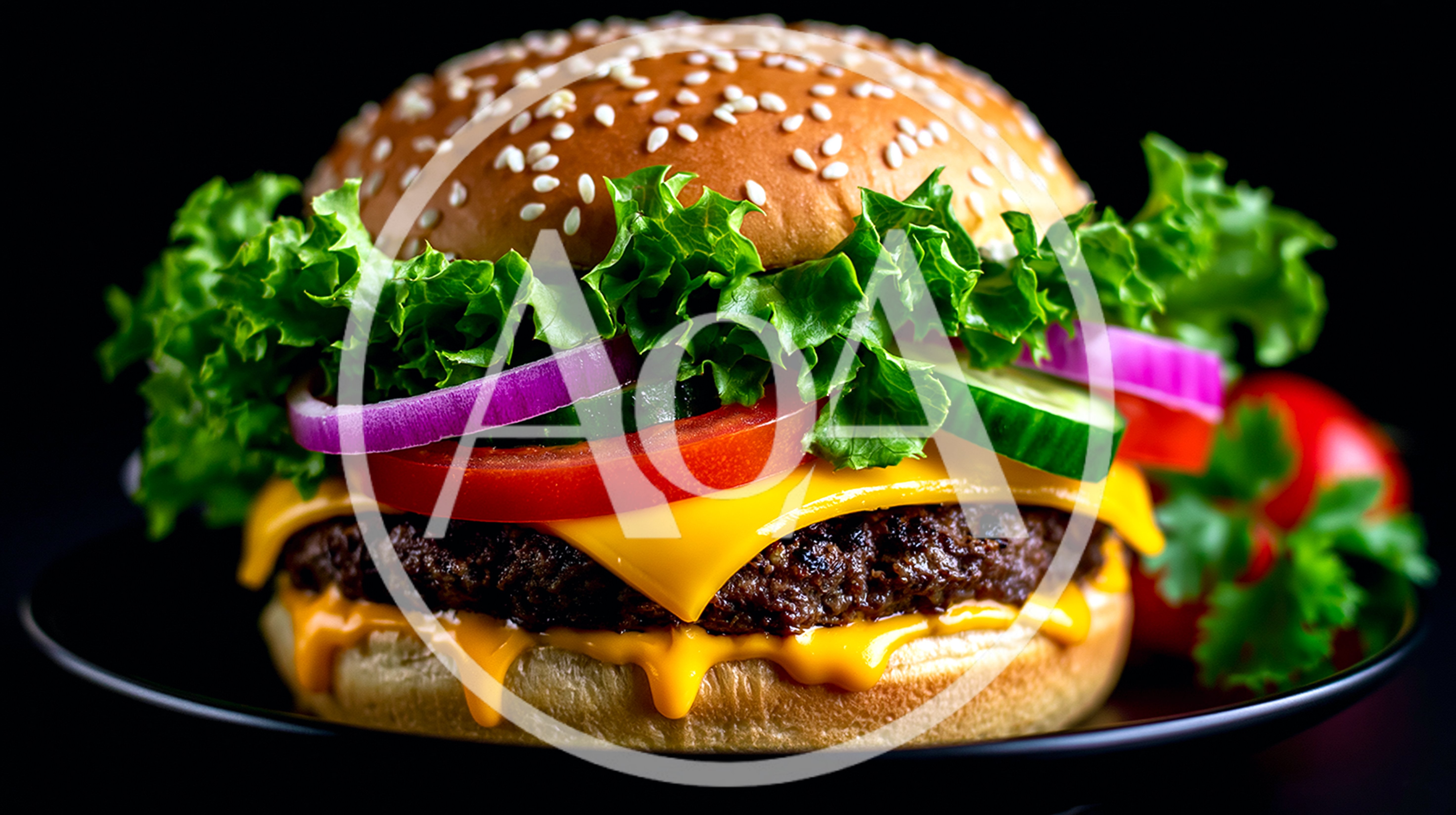 Gourmet Cheeseburger With Fresh Vegetables On Black Background