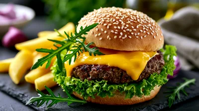 Gourmet Cheeseburger With Fries On A Slate Board