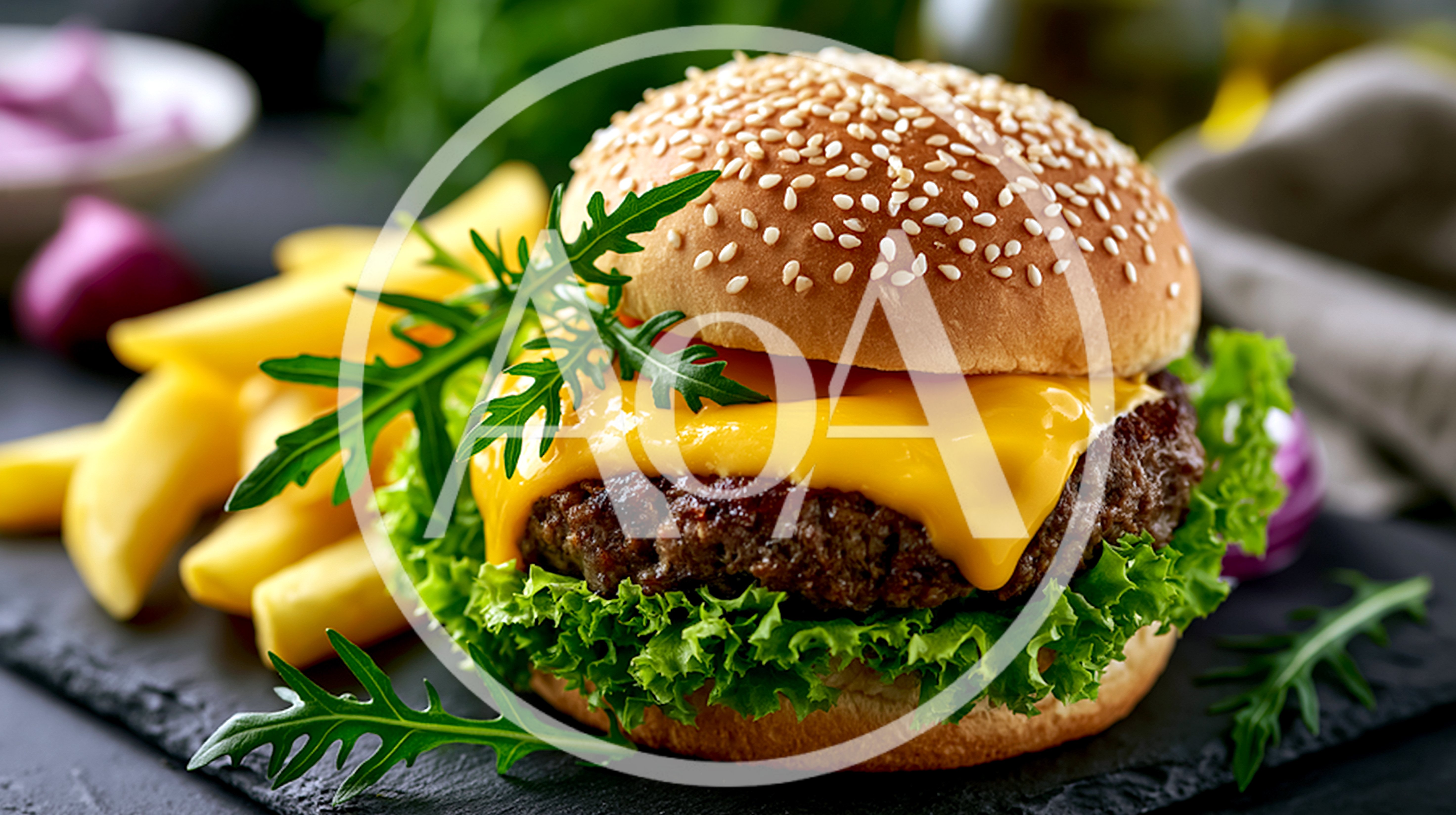 Gourmet Cheeseburger With Fries On A Slate Board