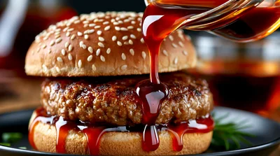 Barbecue Sauce Pouring Over A Grilled Beef Burger