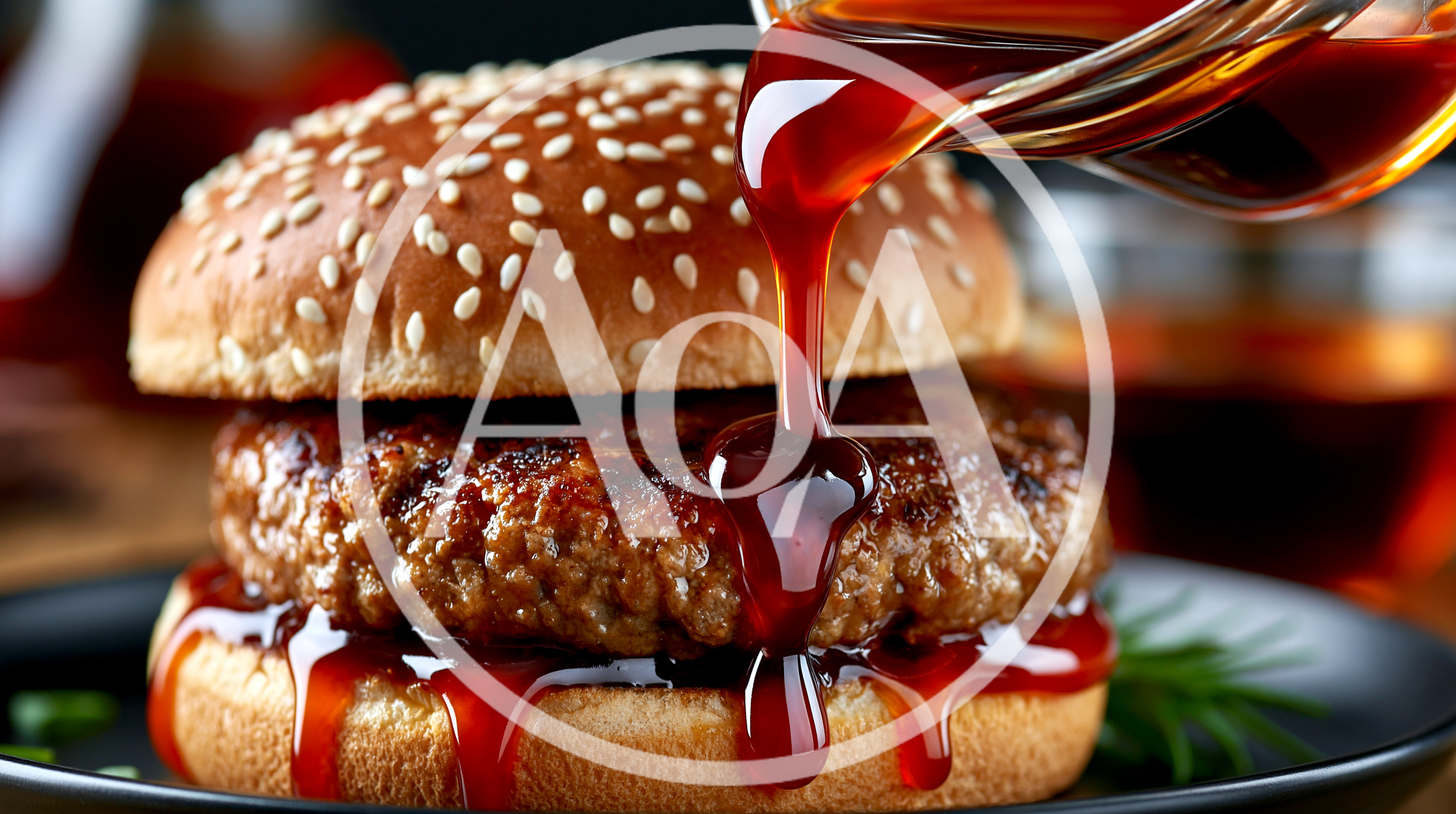 Barbecue Sauce Pouring Over A Grilled Beef Burger