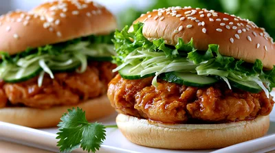 Two Crispy Fried Chicken Sandwiches On A Platter