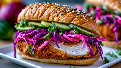 Crispy Fried Chicken Sandwich With Purple Cabbage Slaw