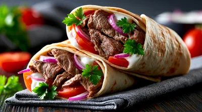 Two Delicious Beef Wraps On A Napkin