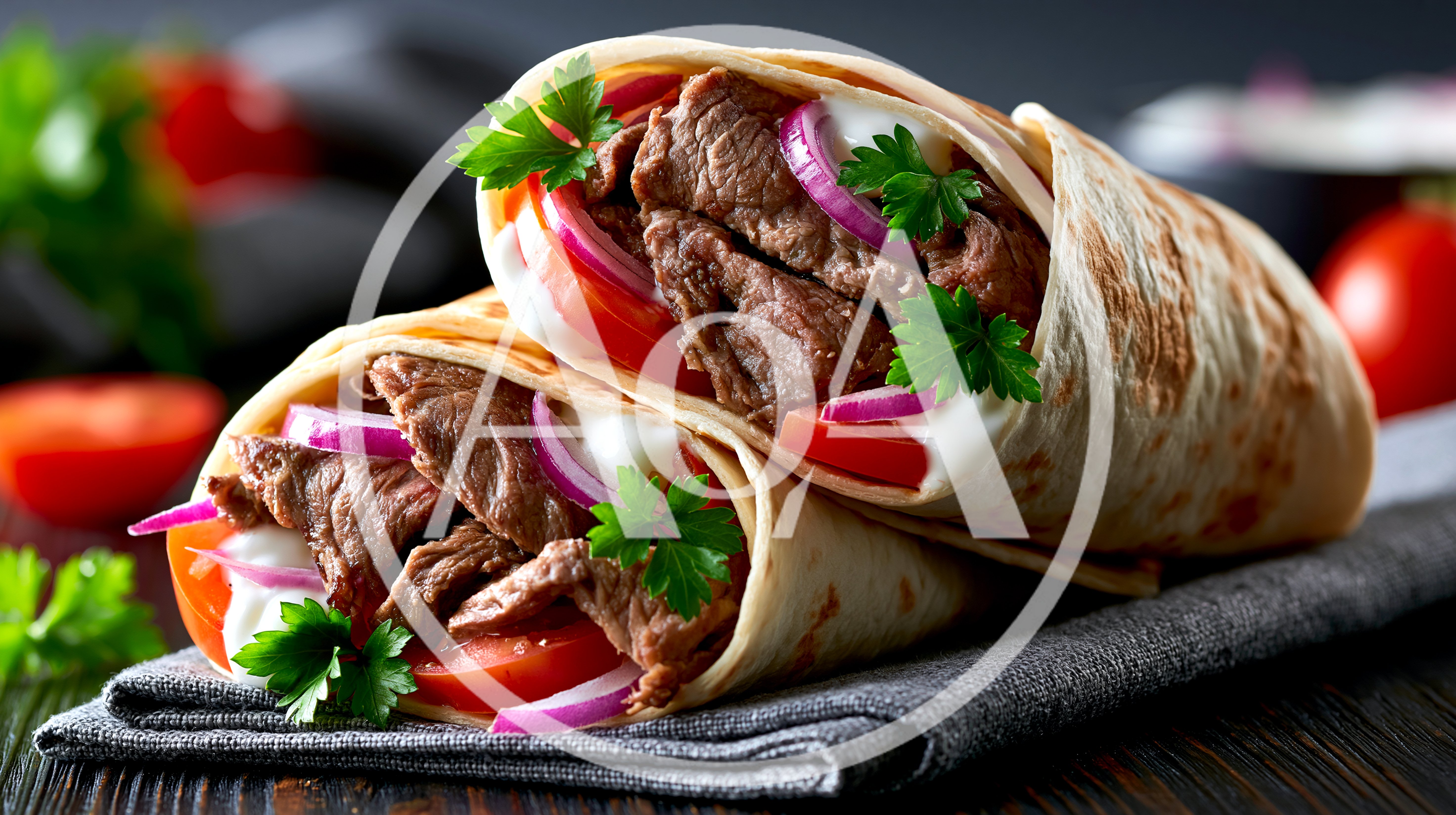 Two Delicious Beef Wraps On A Napkin