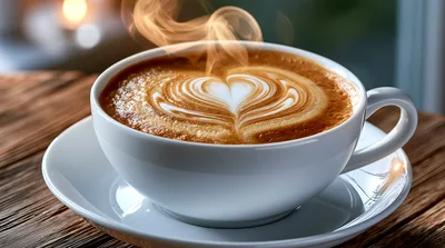 Steaming Cup Of Latte With Heart Latte Art