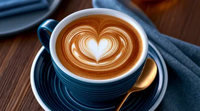 Blue Ceramic Cup With Heart Latte Art