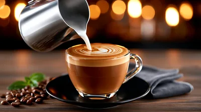 Pouring Steamed Milk Into A Fresh Latte