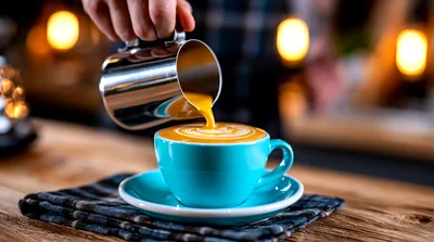 Barista Pouring Steamed Milk Into A Blue Coffee Cup