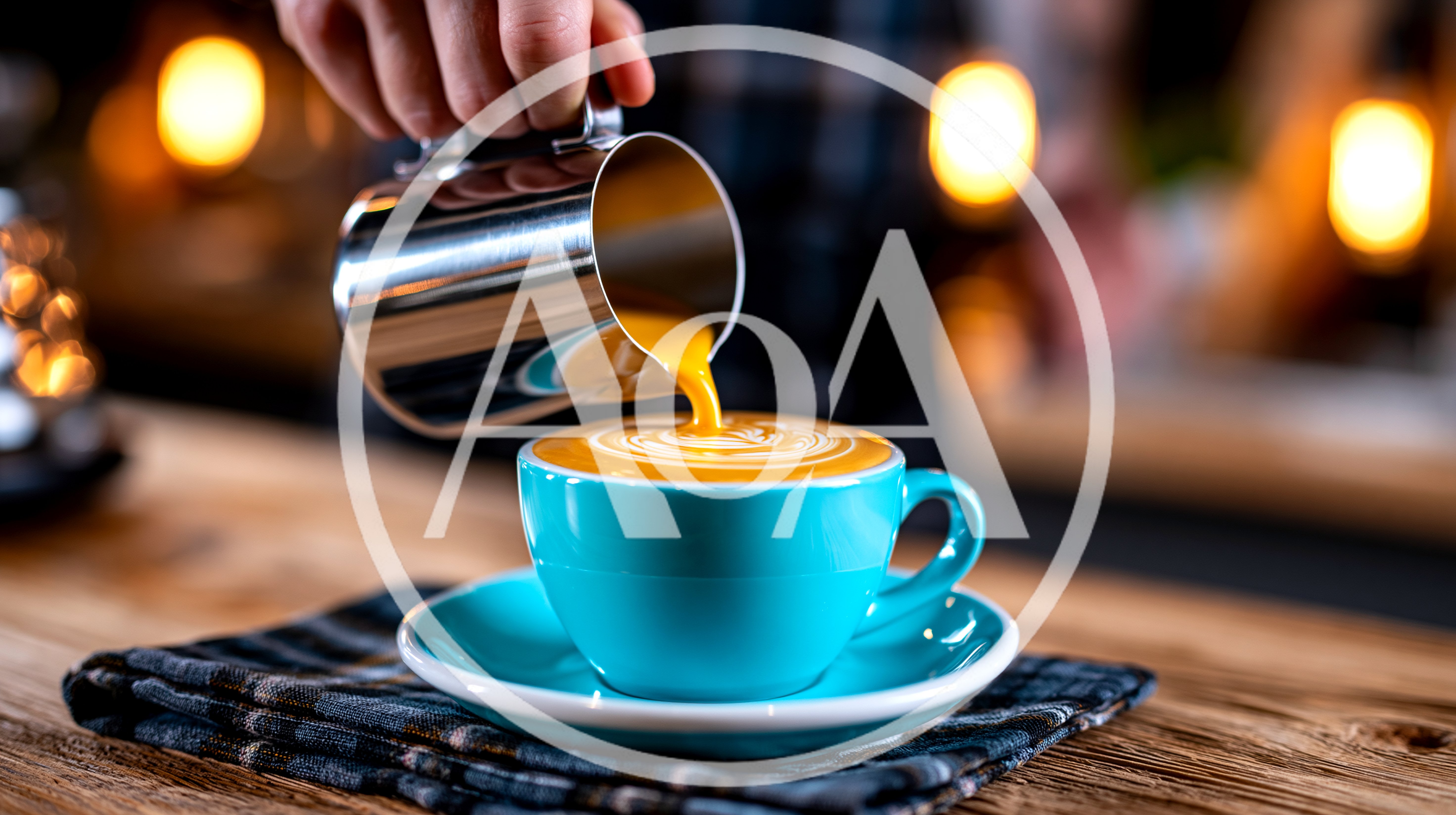 Barista Pouring Steamed Milk Into A Blue Coffee Cup