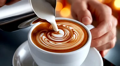 Barista Pouring Steamed Milk Into A Latte