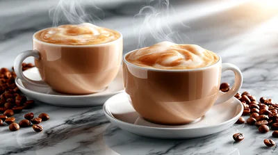 Two Cups Of Steaming Coffee On Marble Surface