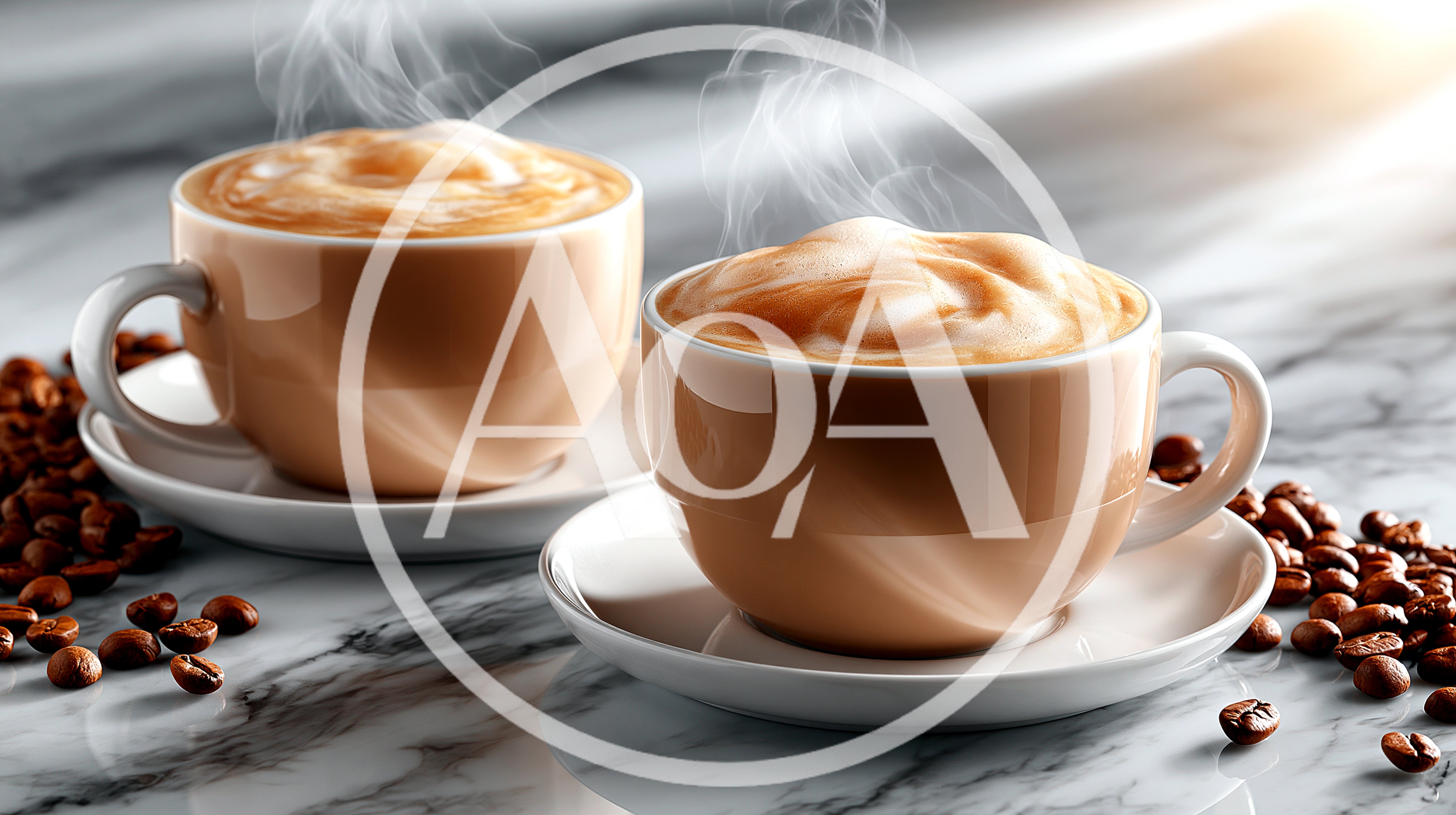 Two Cups Of Steaming Coffee On Marble Surface