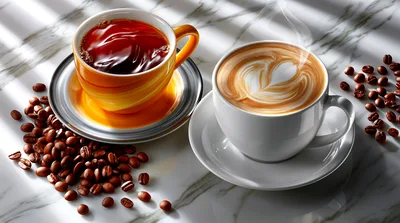 Two Cups Of Coffee And Roasted Beans