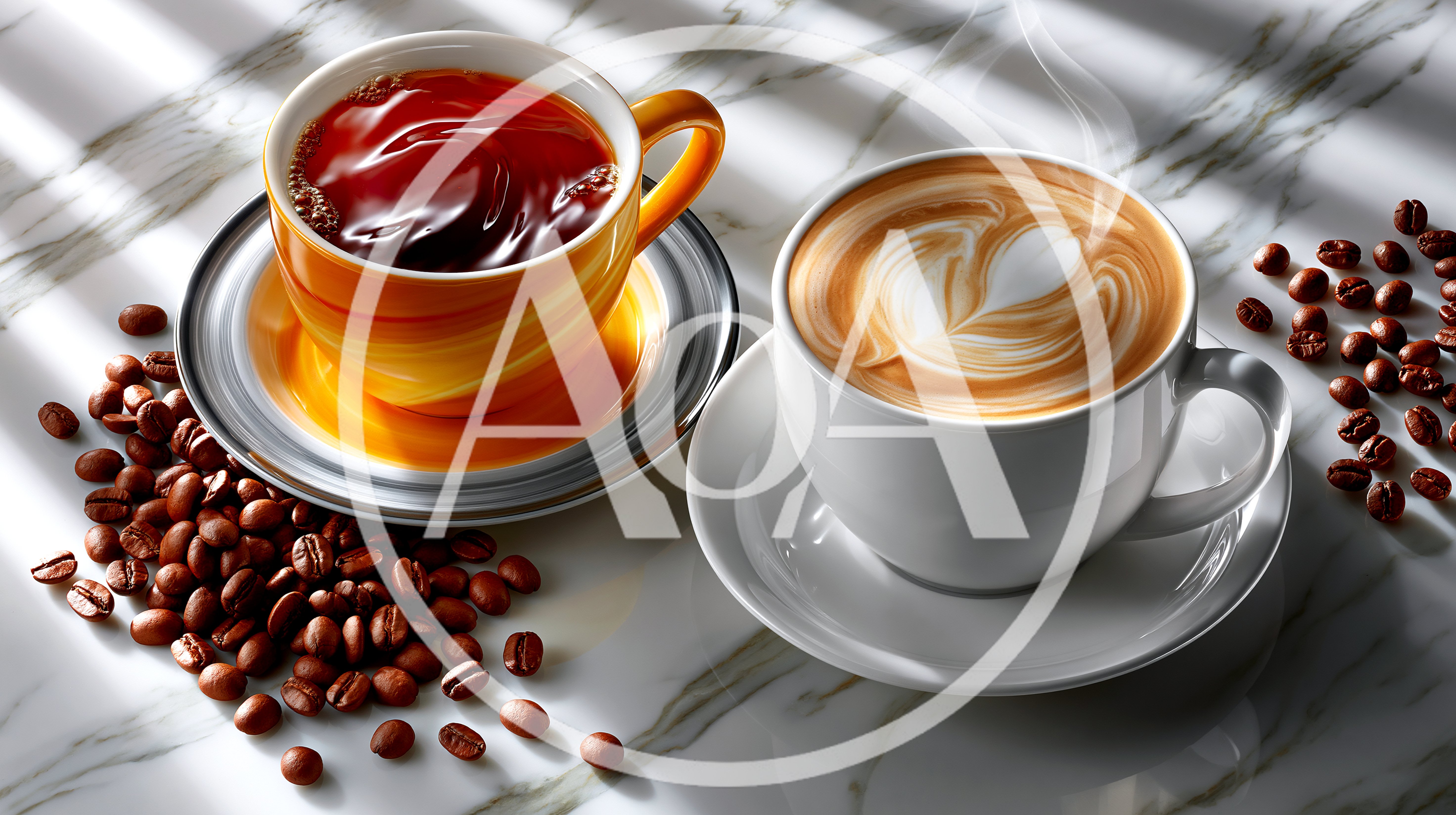 Two Cups Of Coffee And Roasted Beans