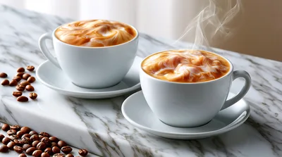 Two Cups Of Steaming Coffee On Marble Surface