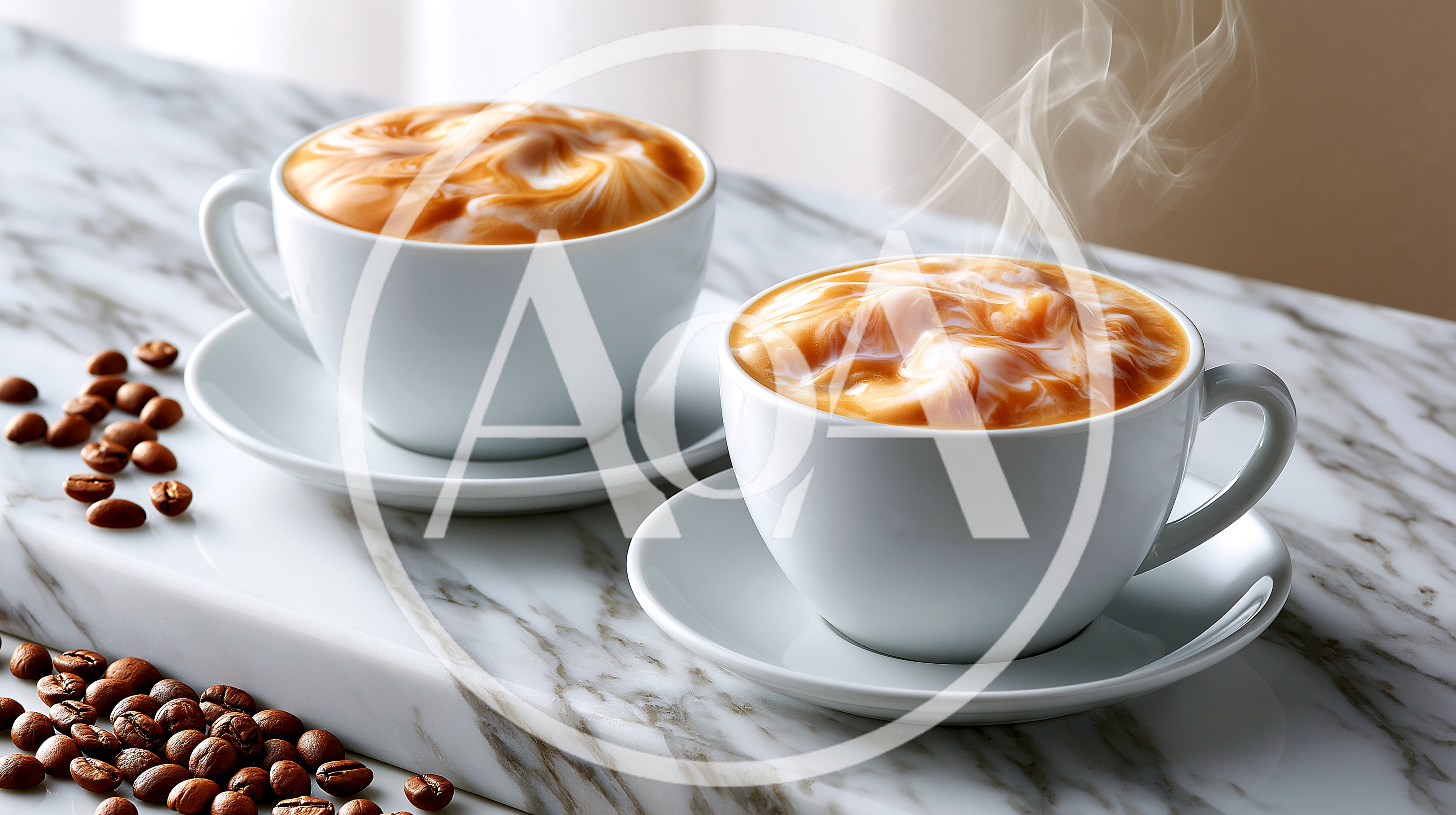 Two Cups Of Steaming Coffee On Marble Surface