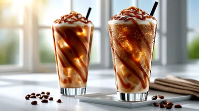 Two Glasses Of Iced Caramel Coffee