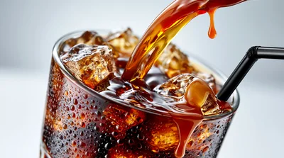 Refreshing Cola Pouring Into A Glass With Ice