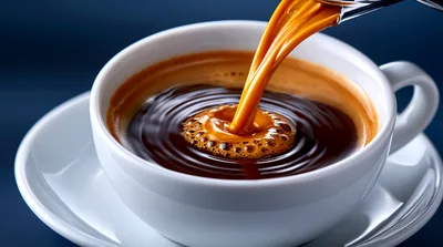 Fresh Coffee Pouring Into A White Ceramic Cup