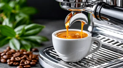 Espresso Machine Pouring Fresh Coffee Into White Cup