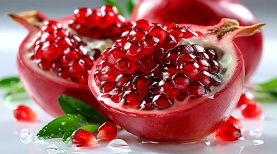 Fresh Pomegranate Halves With Seeds And Green Leaves